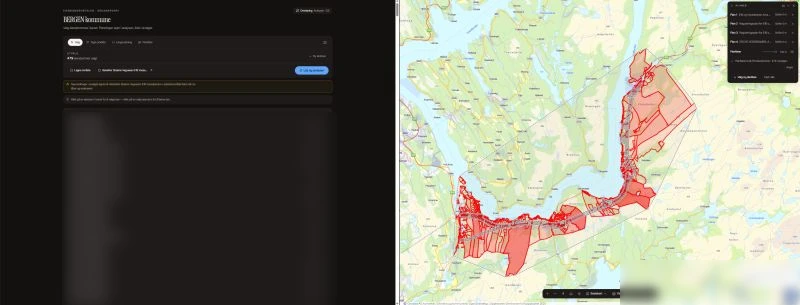 Skjermbilde fra Easy ARK: kart over strekningen fra Arna til Stanghelle med de 479 eiendommene i utvalget markert i rødt. Listen over eiendommene til venstre er sløret.