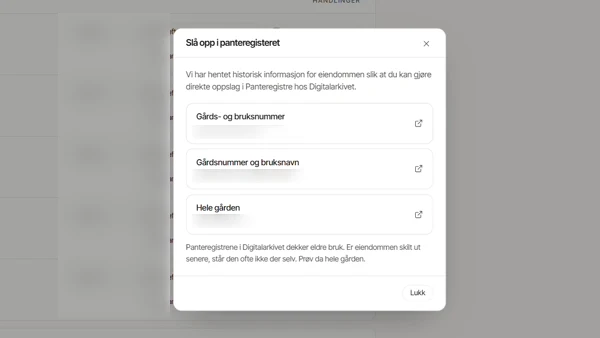 Vinduet «Slå opp i panteregisteret» i portalen, med adresser og nummer sløret